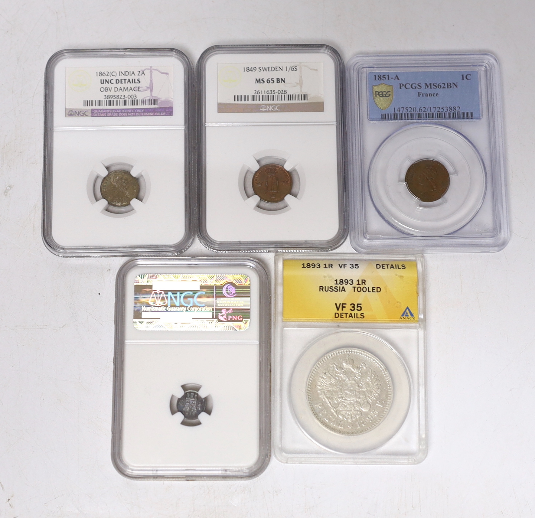 Russia One rouble 1893, ANACS graded VF 35, British India 2 Annas 1862 (C), NGC graded UNC, damage to obverse, Guatemala quarter real, 1819 G, NGC graded MS 65 (the highest graded example by NGC), Sweden 1/6 skilling 184